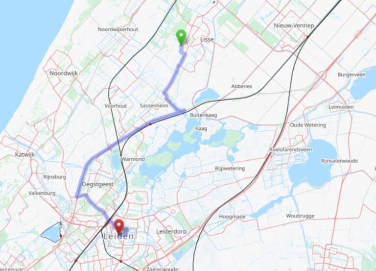 routebeschrijving van Lisse om audio te kopen naar Hifi zaak Leiden Overgaauw