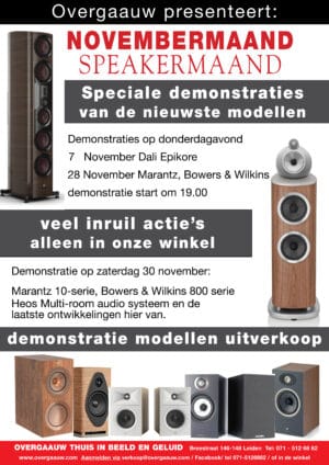 novembermaand luidsprekermaand bij overgaauw in leiden. Advertentie in de magazines vooraankondiging overgaauw leiden die heel veel luidspekers heeft staan